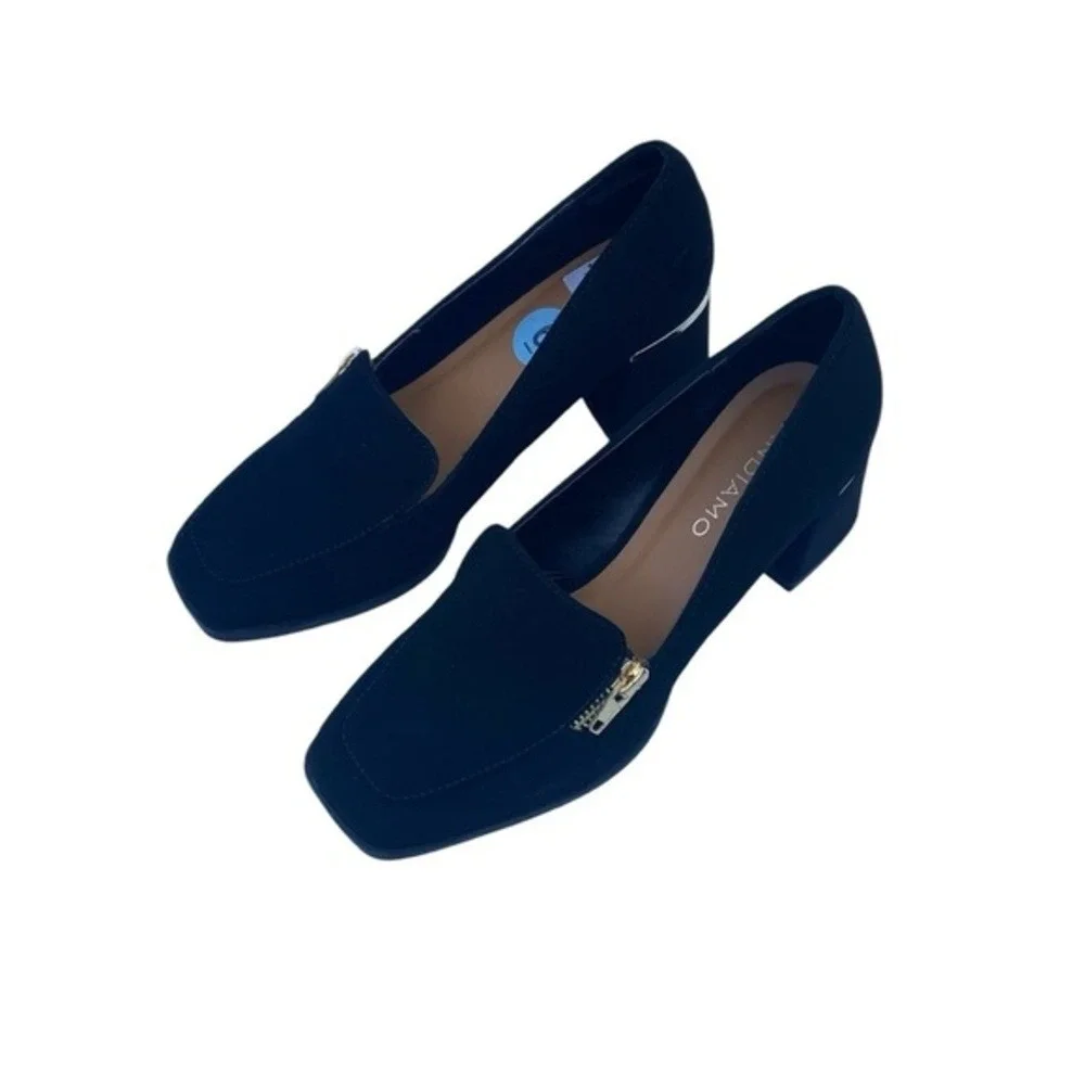 Andiamo Womens Black Faux Suede‎ Block Heel Pumps Square Toe Gold Zip Size 6